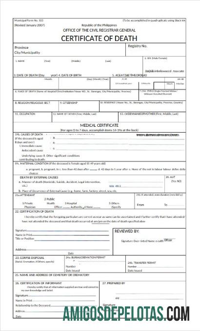 Certidão de Óbito Geral do Escritório do Registro Civil das Filipinas baixar para verificação